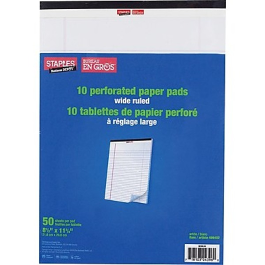 Staples 8-1/2" x 11" White Wide-Ruled Perforated Paper Pads 50 Sheet 10pk