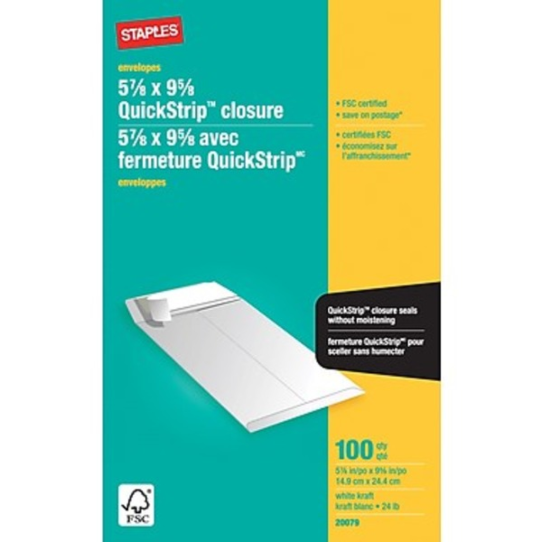 Staples 5-7/8" x 9-5/8" White QuickStrip Catalogue Envelopes 100ct