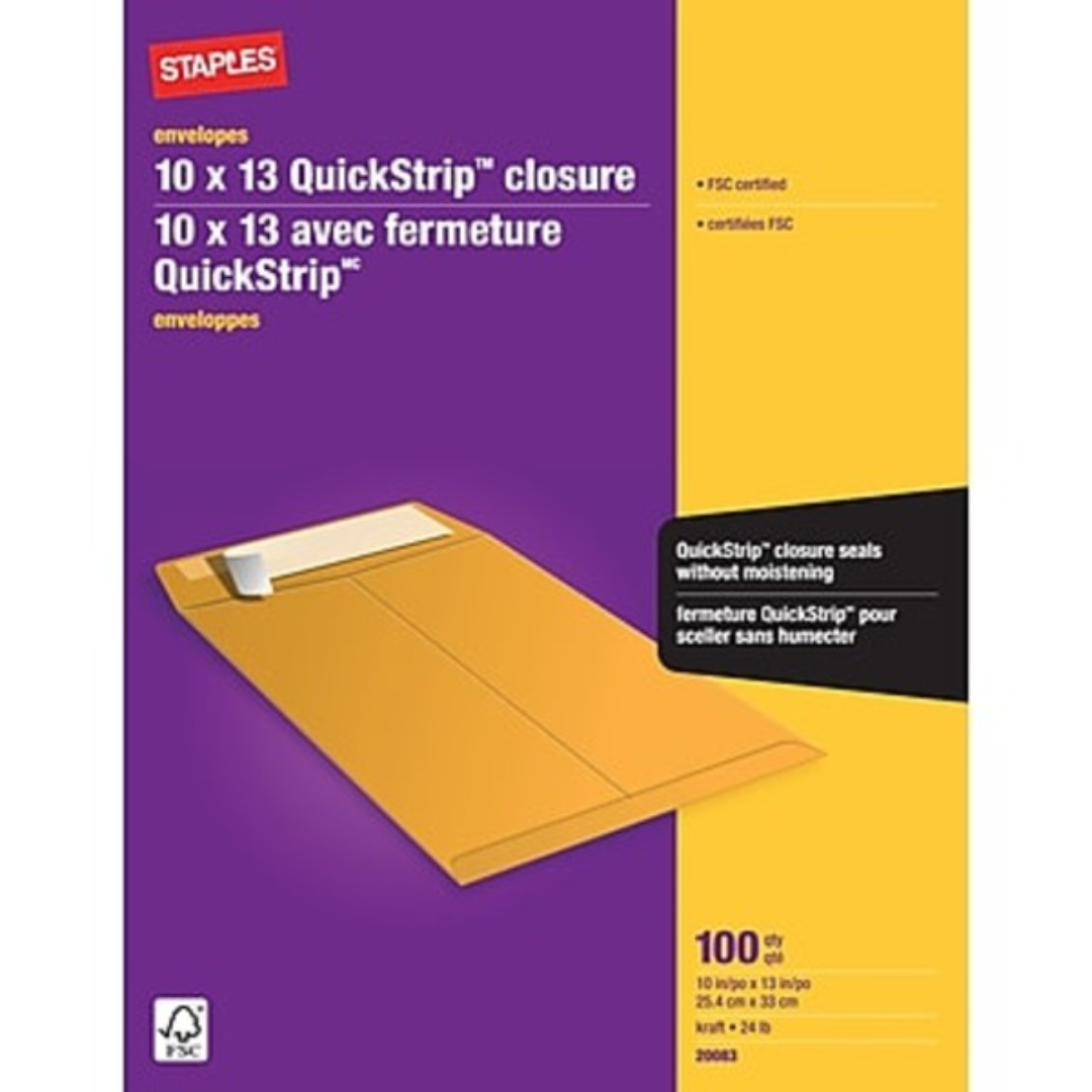 Staples 10" x 13" QuickStrip Kraft Catalogue Envelopes 100ct