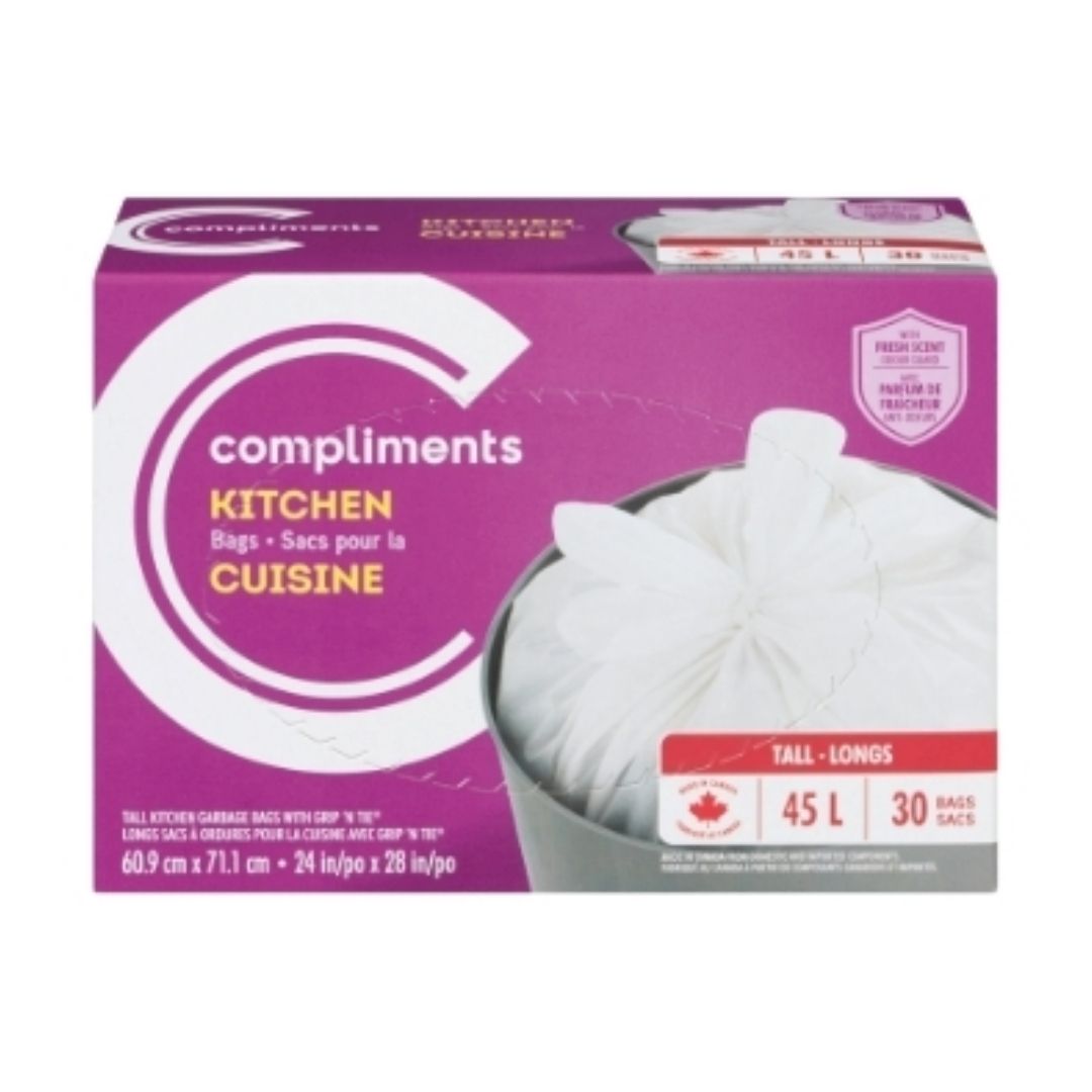 Compliments Grip N Tie Tall Kitchen 45L Unscented Garbage Bags 30 EA