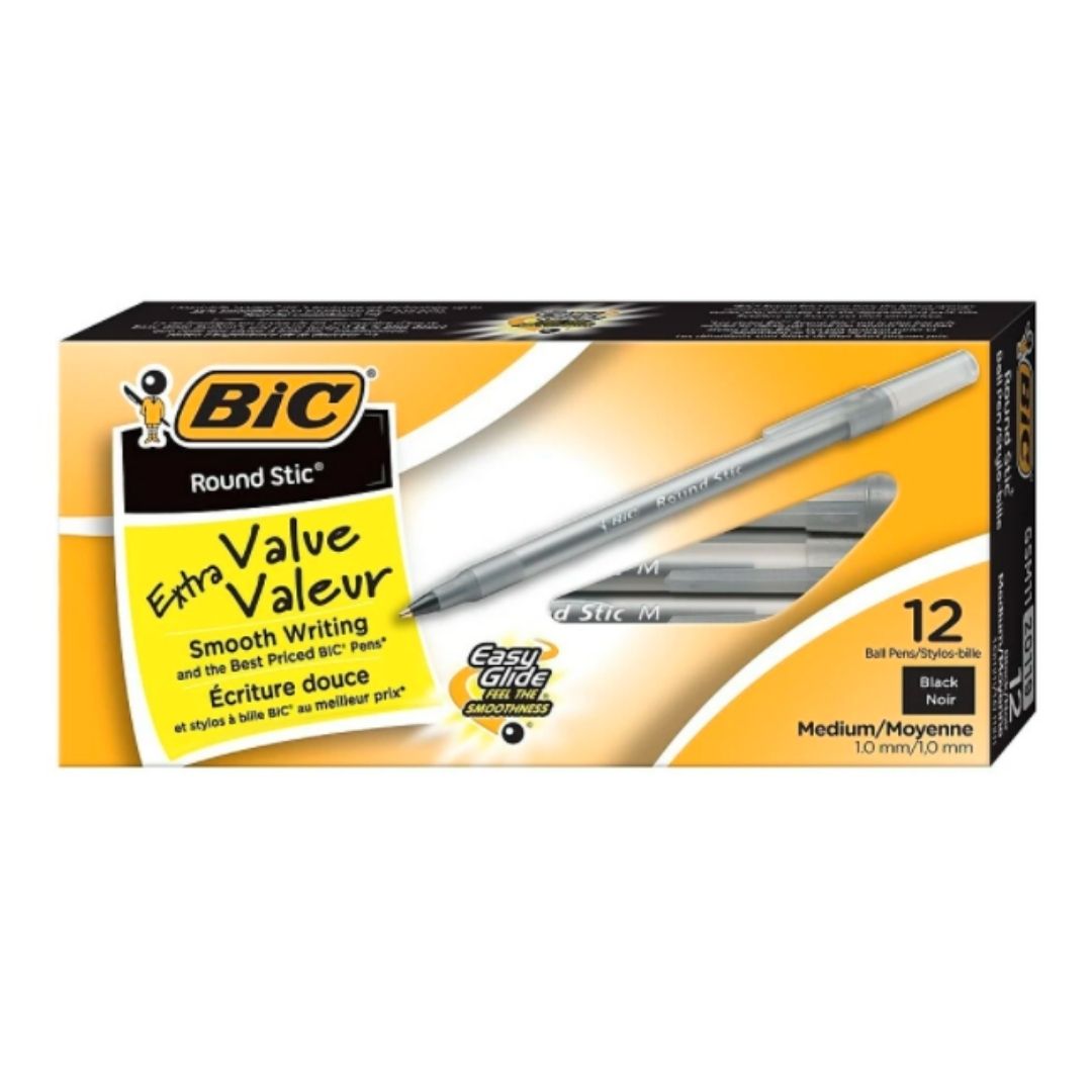 Bic Black Round Stic Extra Value Ballpoint Pens 12 Pack